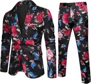 Cloudstyle Mens 2 Piece Print Suit Floral Party Dress Jacket Slim 2 Button Blazer Pants