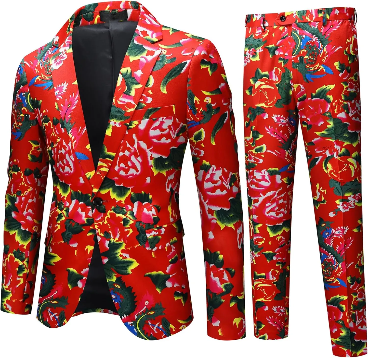 Cloudstyle Mens 2 Piece Print Suit Floral Party Dress Jacket Slim 2 Button Blazer Pants
