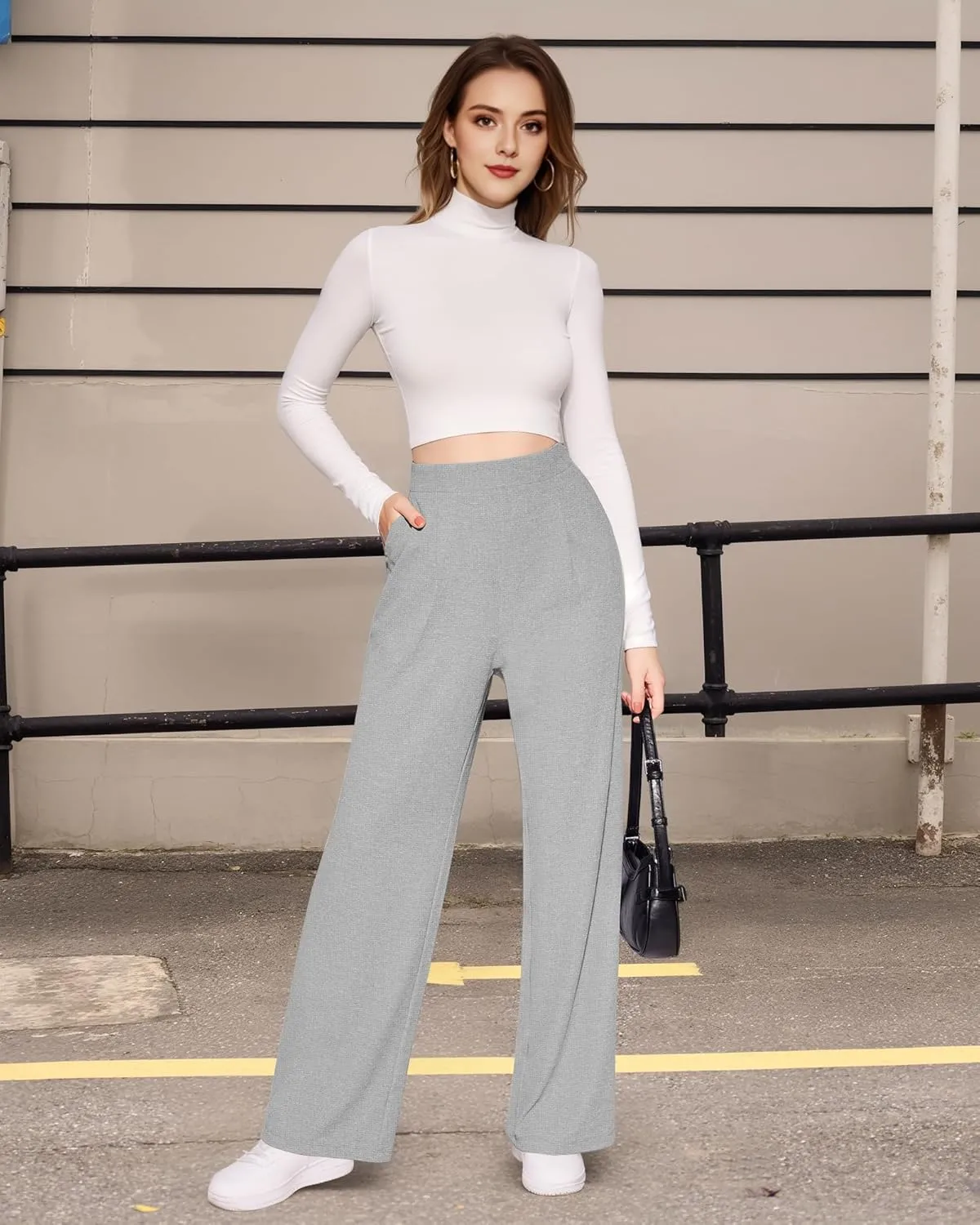 CLOZOZ Womens High Waisted Dressy Pants Tummy Control Waffle Knit Loose Fit Straight Leg Stretch Casual Wide Leg Trouser