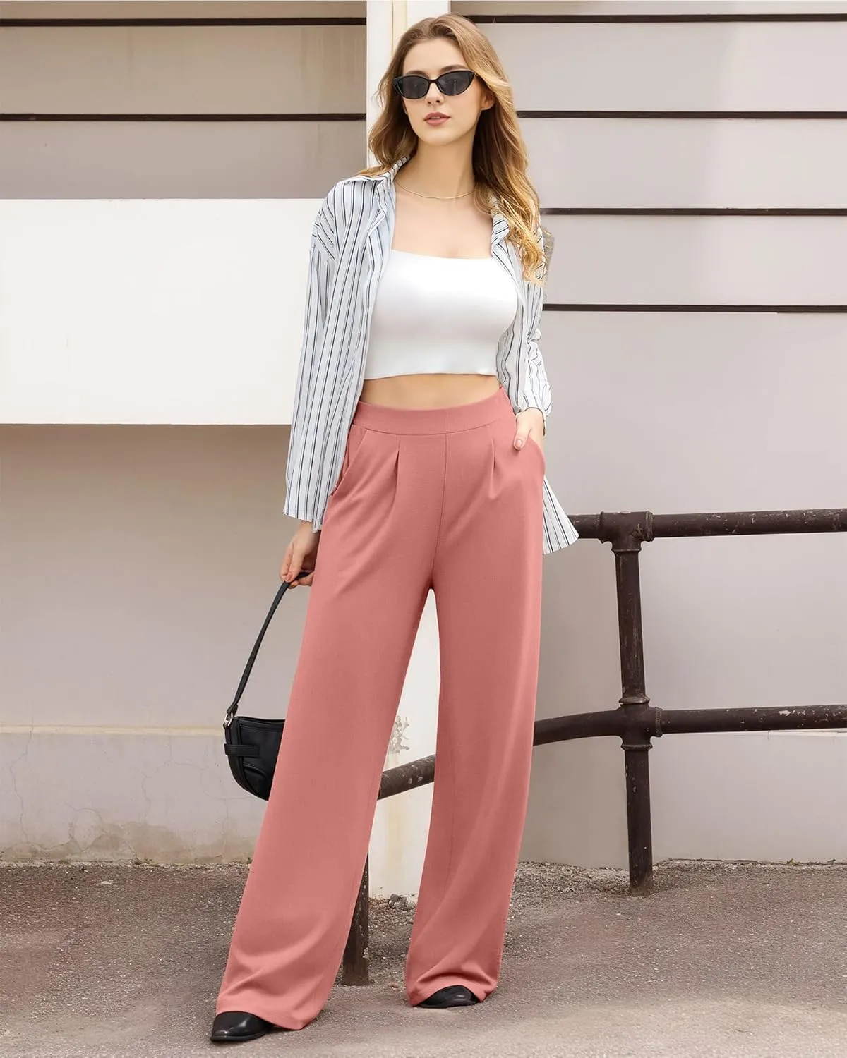 CLOZOZ Womens High Waisted Dressy Pants Tummy Control Waffle Knit Loose Fit Straight Leg Stretch Casual Wide Leg Trouser