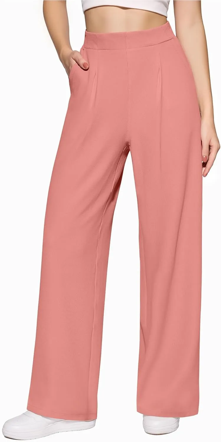 CLOZOZ Womens High Waisted Dressy Pants Tummy Control Waffle Knit Loose Fit Straight Leg Stretch Casual Wide Leg Trouser