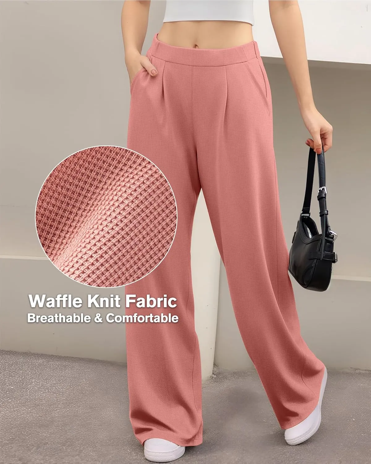 CLOZOZ Womens High Waisted Dressy Pants Tummy Control Waffle Knit Loose Fit Straight Leg Stretch Casual Wide Leg Trouser