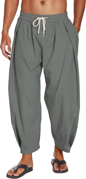 COOFANDY Men's Cotton Linen Harem Pants Drawstring Casual Cropped Trousers Lightweight Loose Beach Yoga Pants with Pockets