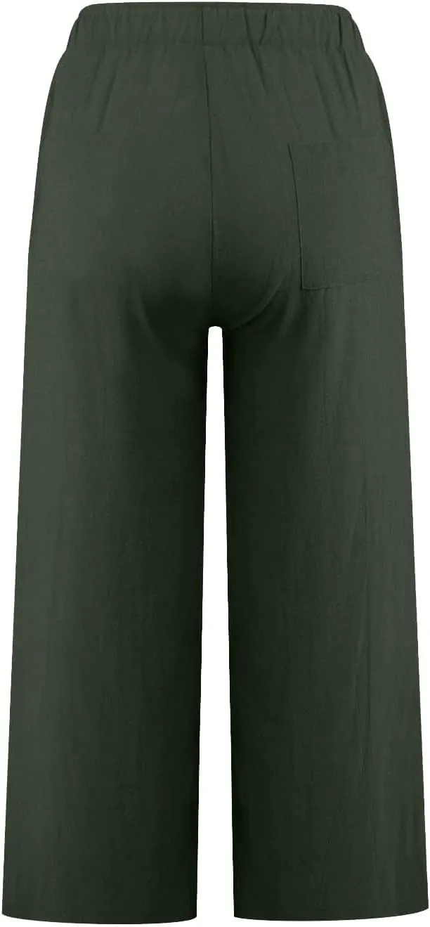 Cotton Linen Pants for Women 2025 Wide Leg Cropped Lounge Trousers Drawstring Elastic Waist Summer Beach Pant Outfits