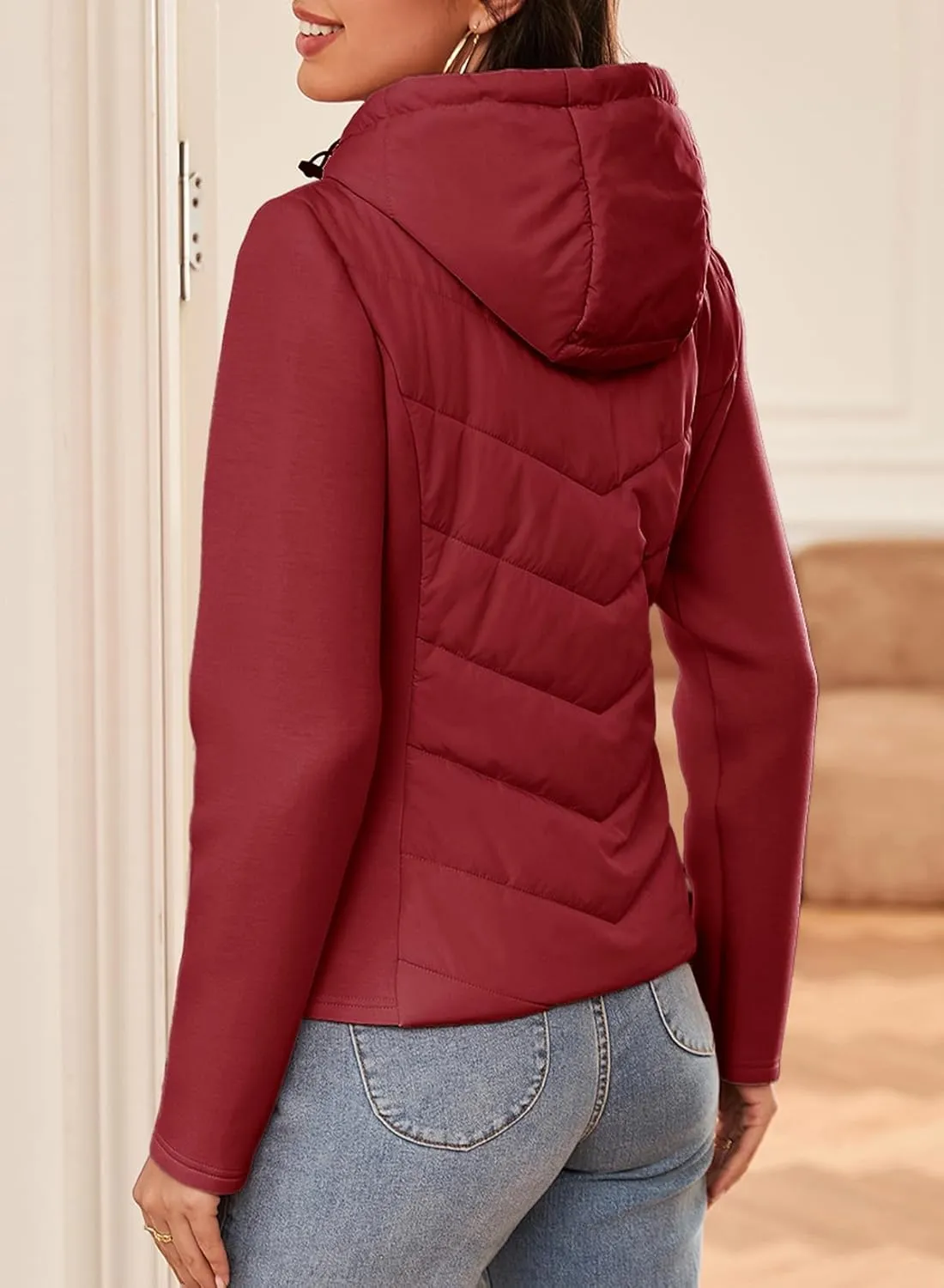 Dokotoo Women's Warm Quilted Lightweight Puffer Jacket Slim Fit Elasticity Patchwork Casual Hooded Puffer Coat