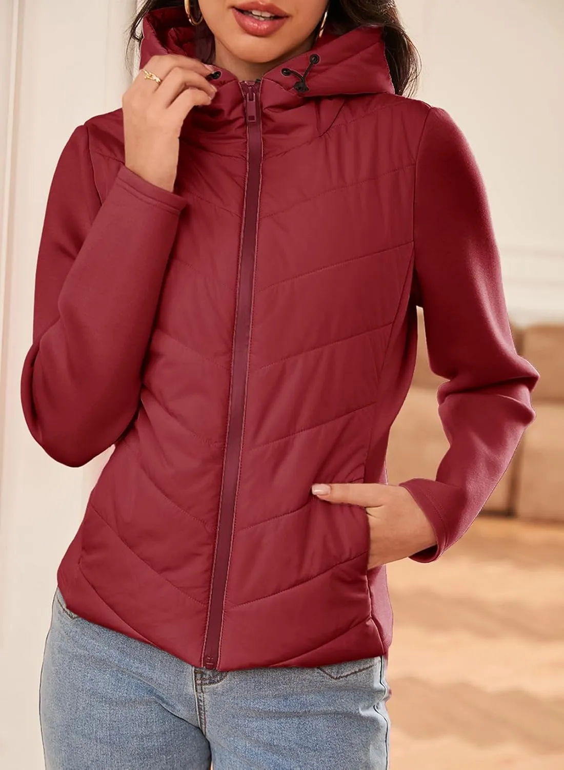 Dokotoo Women's Warm Quilted Lightweight Puffer Jacket Slim Fit Elasticity Patchwork Casual Hooded Puffer Coat