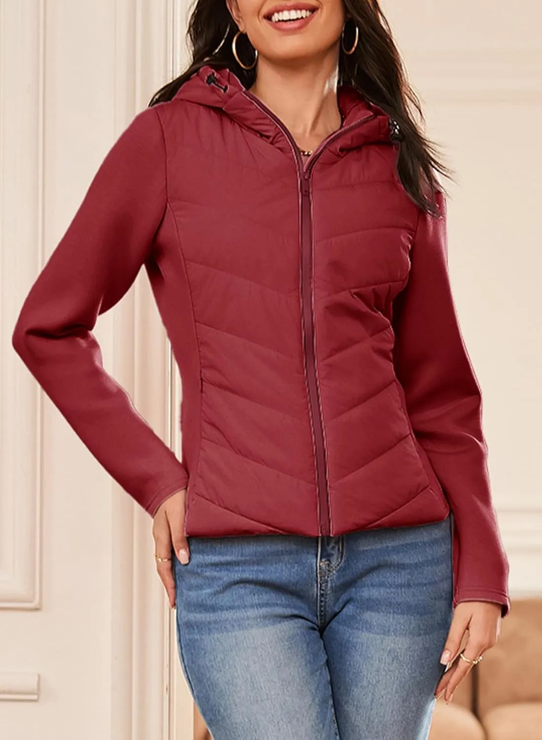 Dokotoo Women's Warm Quilted Lightweight Puffer Jacket Slim Fit Elasticity Patchwork Casual Hooded Puffer Coat