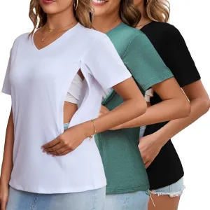 Ecavus Women's Nursing Shirts 3-Pack V Neck Breastfeeding Shirts with Hidden Zipper Short Sleeve Loose Fit Nursing Tops