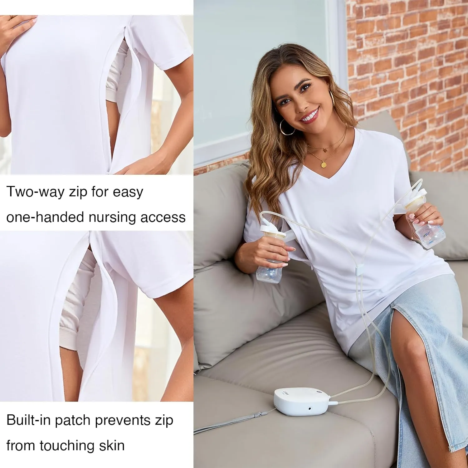 Ecavus Women's Nursing Shirts 3-Pack V Neck Breastfeeding Shirts with Hidden Zipper Short Sleeve Loose Fit Nursing Tops
