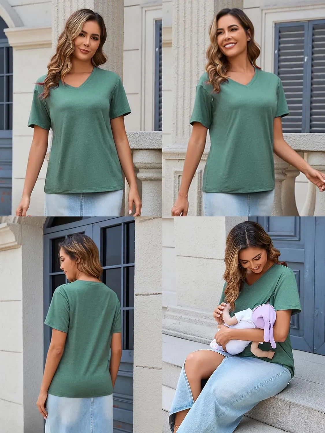 Ecavus Women's Nursing Shirts 3-Pack V Neck Breastfeeding Shirts with Hidden Zipper Short Sleeve Loose Fit Nursing Tops