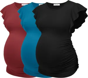 Ekouaer Women's Maternity Shirts 3 Packs Flying Short Sleeve Pregnancy Tops Side Ruched Tunic Blouse Mama Clothes S-XXL