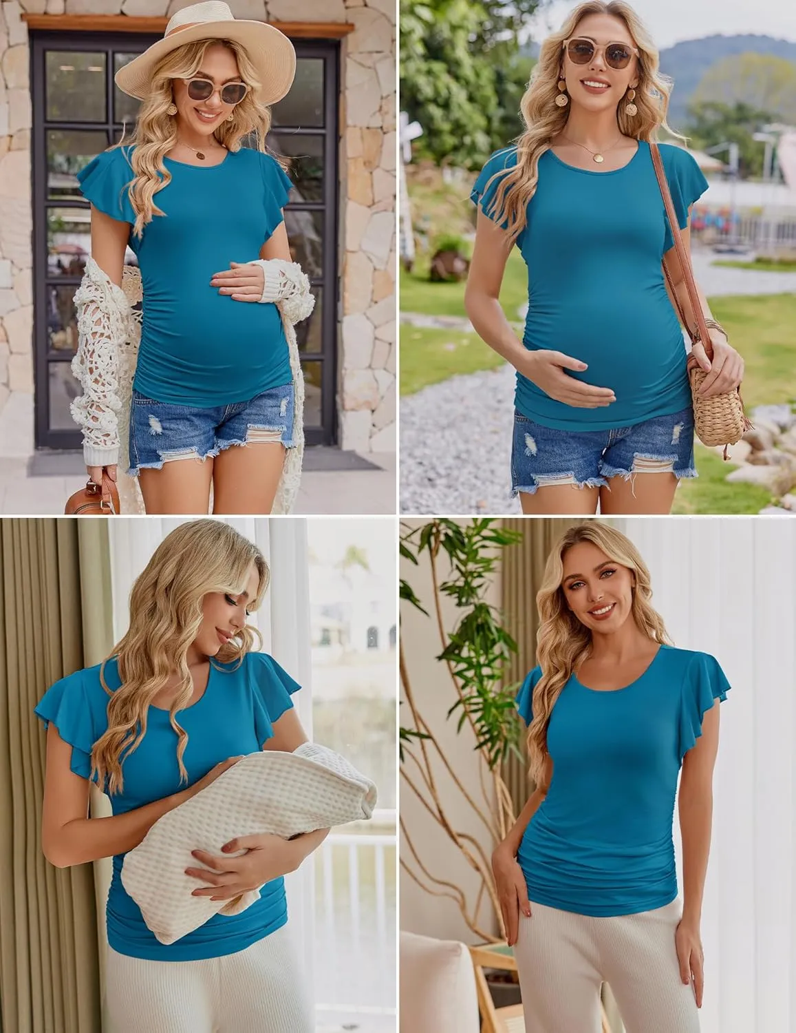 Ekouaer Women's Maternity Shirts 3 Packs Flying Short Sleeve Pregnancy Tops Side Ruched Tunic Blouse Mama Clothes S-XXL