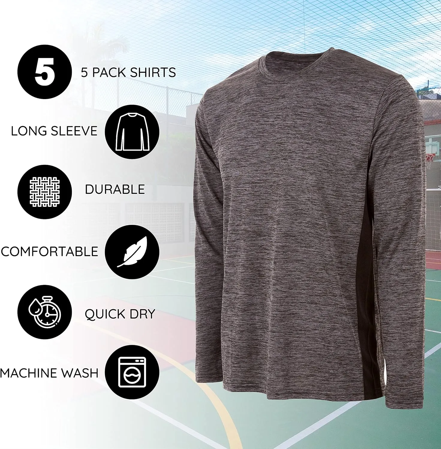 Essential Elements Boys Active Shirt - Quick-Dry Athletic Workout Training Stretch Crew Neck Long Sleeve Top 5 Pack