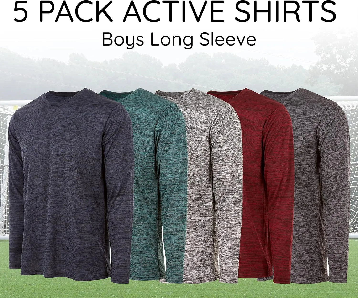 Essential Elements Boys Active Shirt - Quick-Dry Athletic Workout Training Stretch Crew Neck Long Sleeve Top 5 Pack
