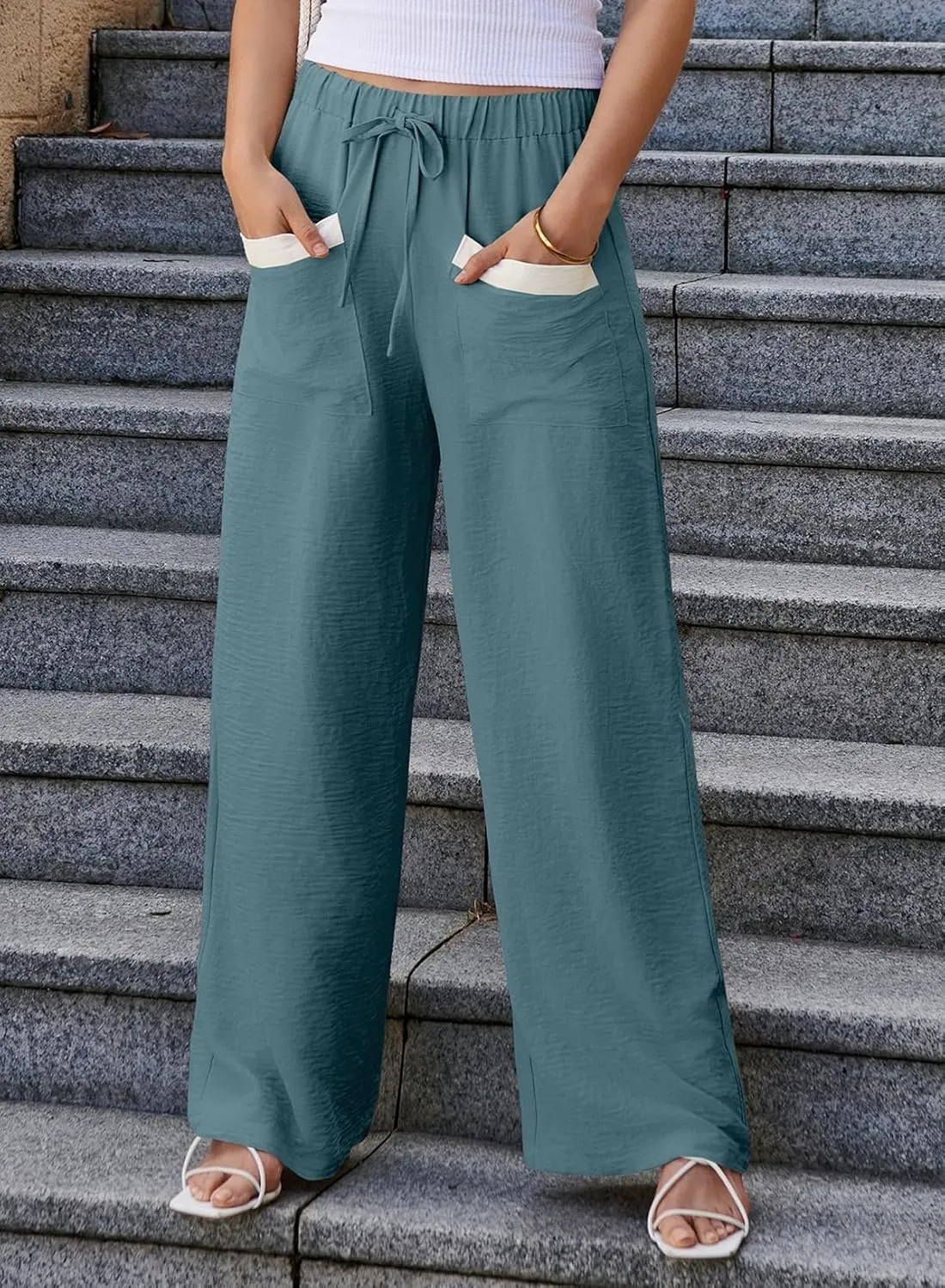 EVALESS Womens Palazzo Pants Summer Casual Flowy Wide Leg 2025 Lounge Trousers Beach Travel Vacation Outfits