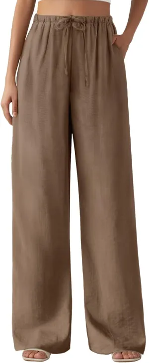 Feiersi Women's Casual Pants Drawstring Elastic Waist Pants Flowy Wide Leg Beach Trousers with Pockets