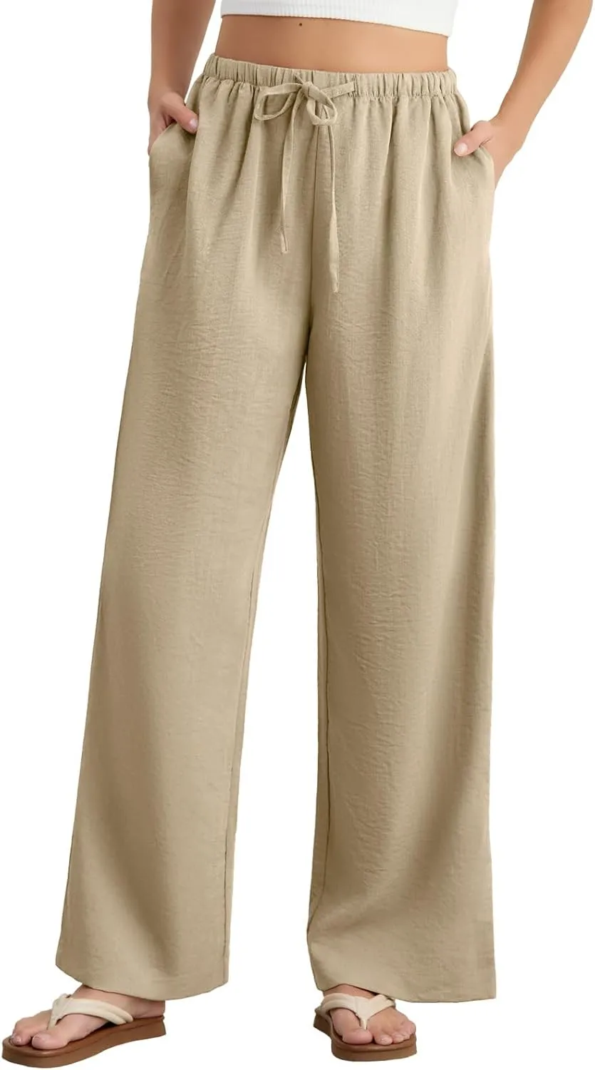 Feiersi Women's Casual Pants Drawstring Elastic Waist Pants Flowy Wide Leg Beach Trousers with Pockets