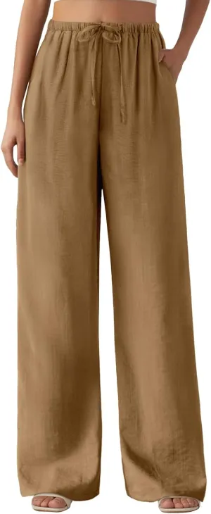 Feiersi Women's Casual Pants Drawstring Elastic Waist Pants Flowy Wide Leg Beach Trousers with Pockets