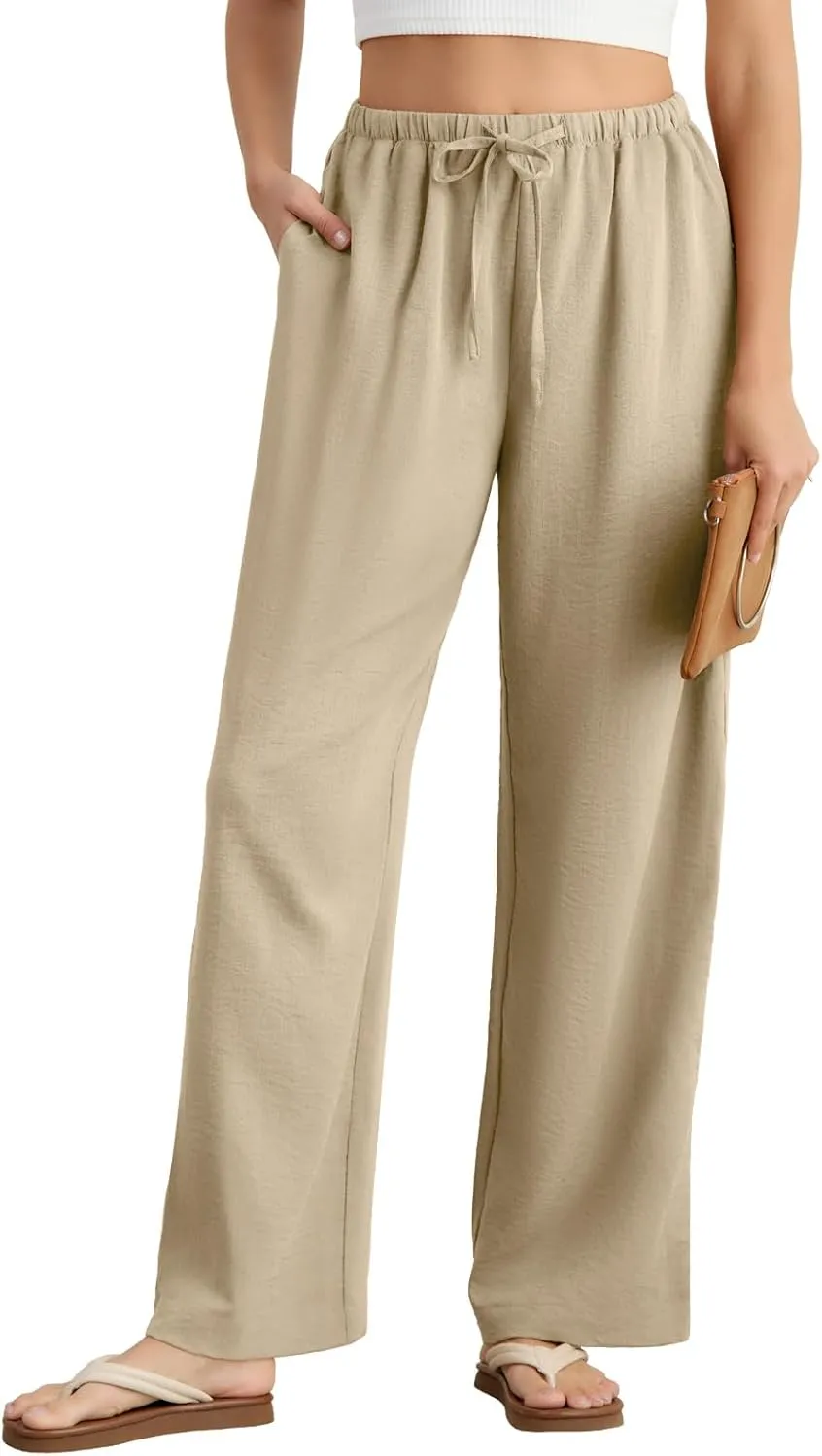 Feiersi Women's Casual Pants Drawstring Elastic Waist Pants Flowy Wide Leg Beach Trousers with Pockets