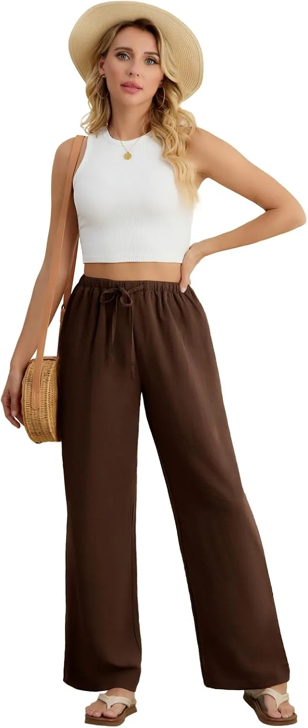 Feiersi Women's Casual Pants Drawstring Elastic Waist Pants Flowy Wide Leg Beach Trousers with Pockets