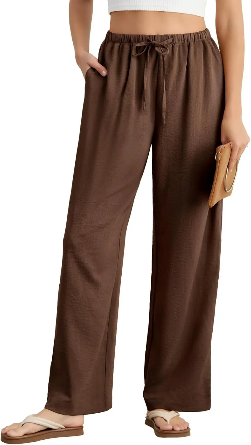 Feiersi Women's Casual Pants Drawstring Elastic Waist Pants Flowy Wide Leg Beach Trousers with Pockets