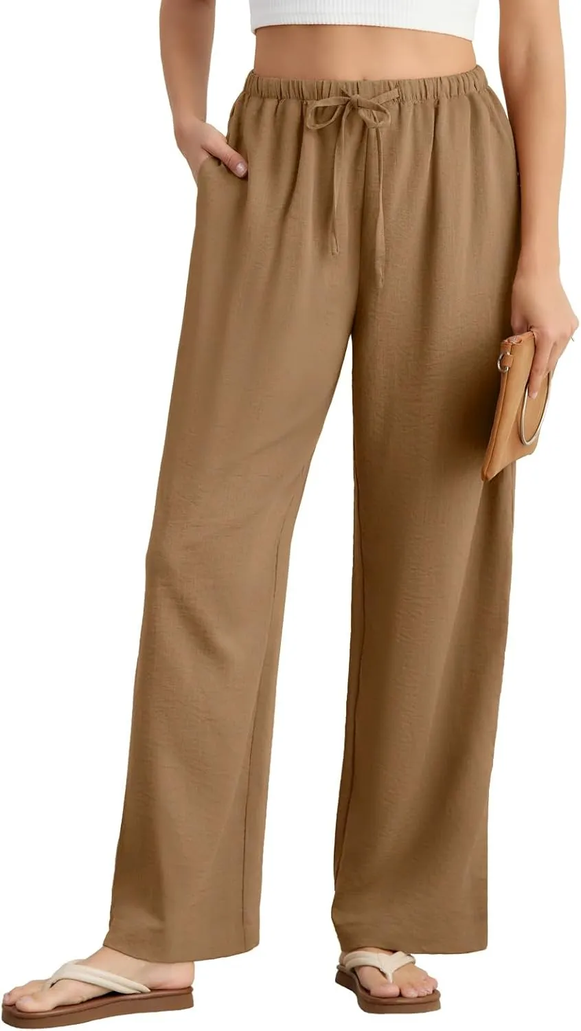 Feiersi Women's Casual Pants Drawstring Elastic Waist Pants Flowy Wide Leg Beach Trousers with Pockets