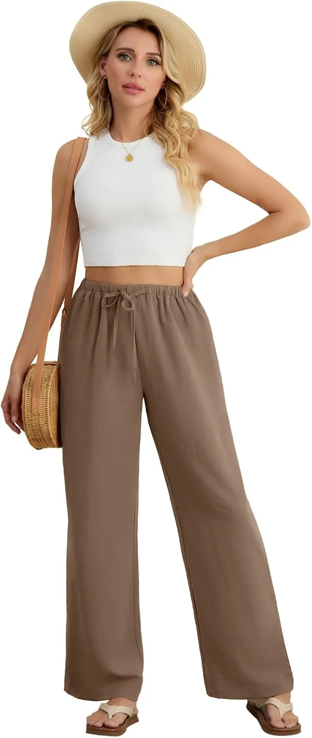 Feiersi Women's Casual Pants Drawstring Elastic Waist Pants Flowy Wide Leg Beach Trousers with Pockets