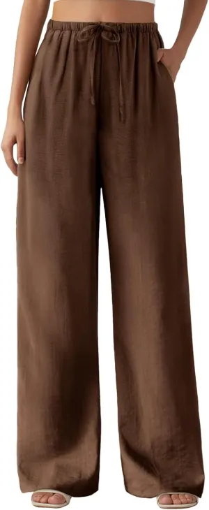 Feiersi Women's Casual Pants Drawstring Elastic Waist Pants Flowy Wide Leg Beach Trousers with Pockets