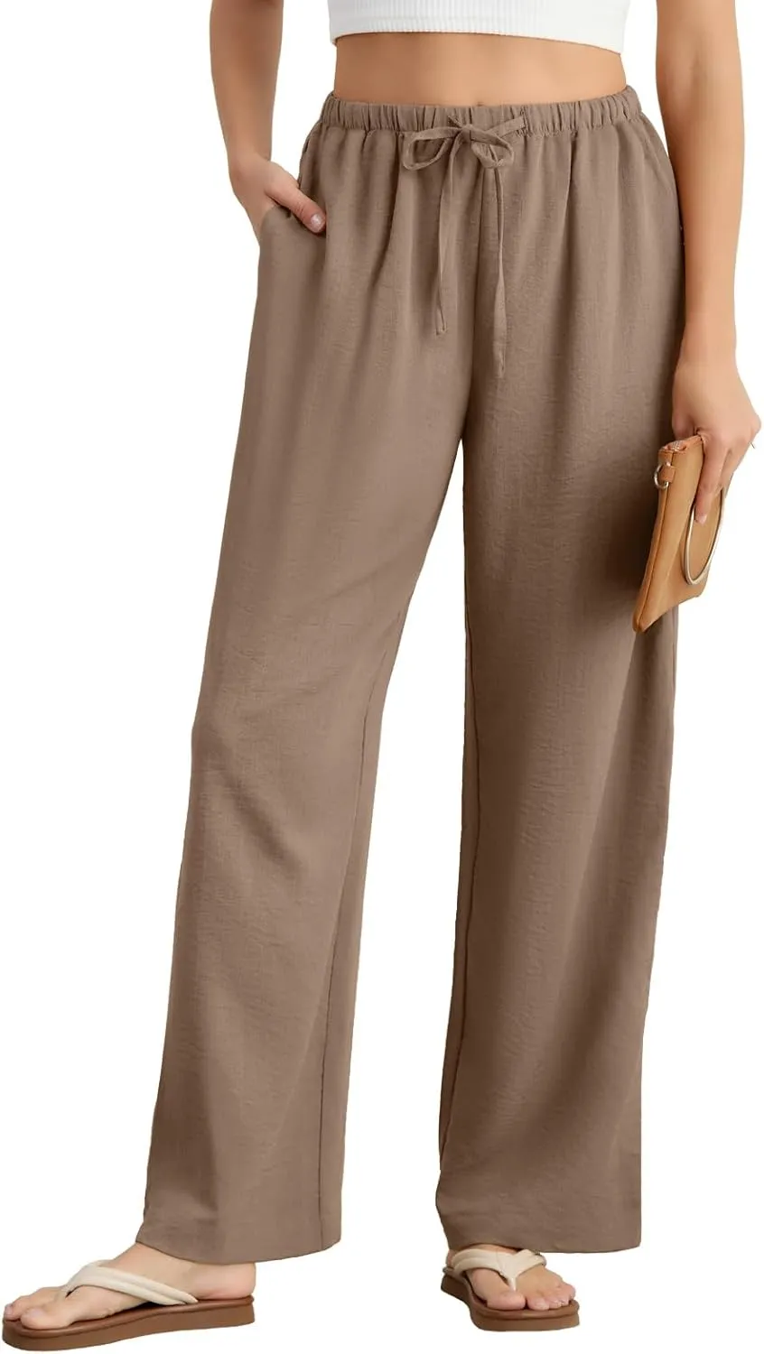 Feiersi Women's Casual Pants Drawstring Elastic Waist Pants Flowy Wide Leg Beach Trousers with Pockets