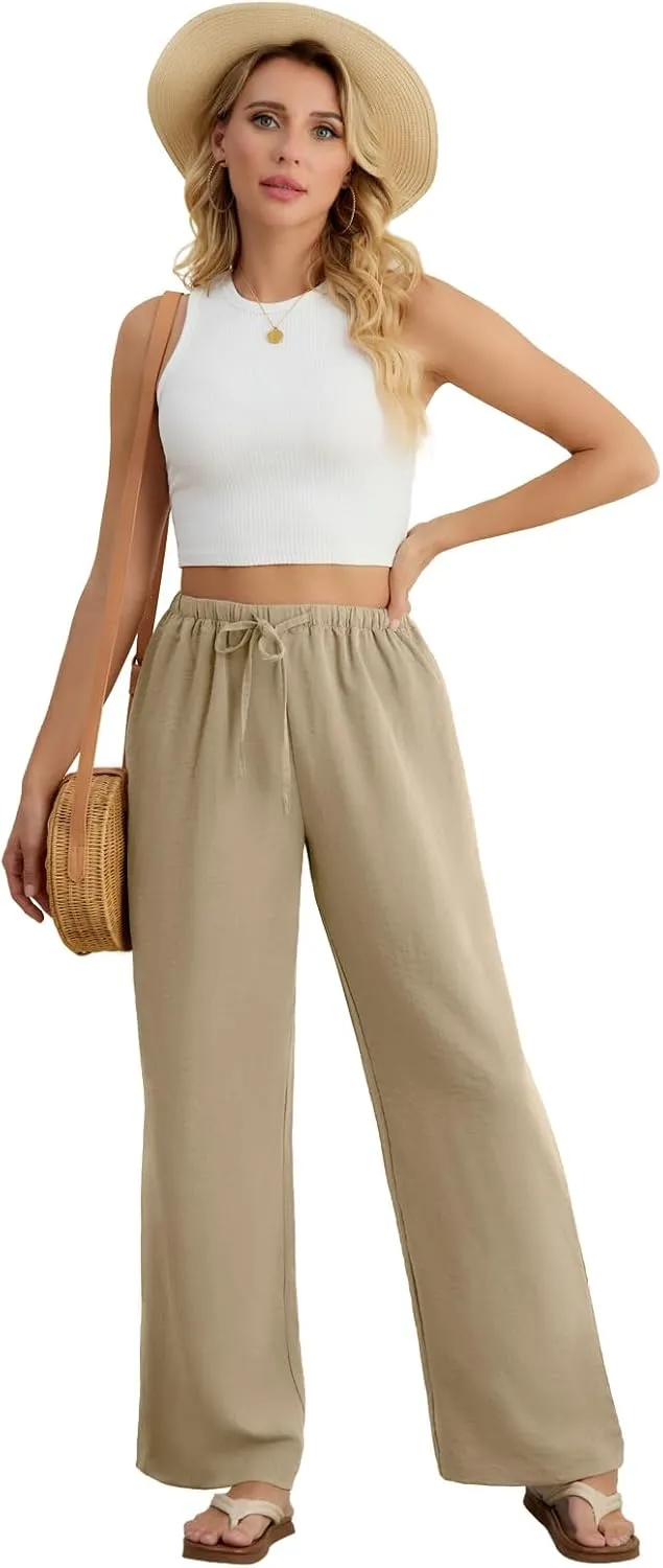 Feiersi Women's Casual Pants Drawstring Elastic Waist Pants Flowy Wide Leg Beach Trousers with Pockets
