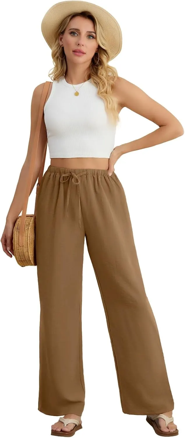 Feiersi Women's Casual Pants Drawstring Elastic Waist Pants Flowy Wide Leg Beach Trousers with Pockets