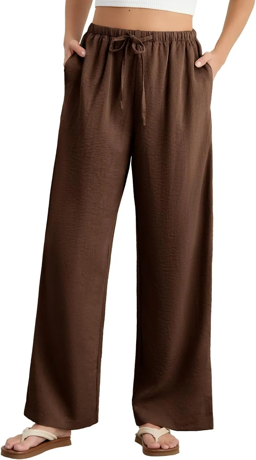 Feiersi Women's Casual Pants Drawstring Elastic Waist Pants Flowy Wide Leg Beach Trousers with Pockets