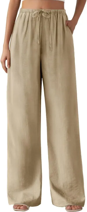 Feiersi Women's Casual Pants Drawstring Elastic Waist Pants Flowy Wide Leg Beach Trousers with Pockets