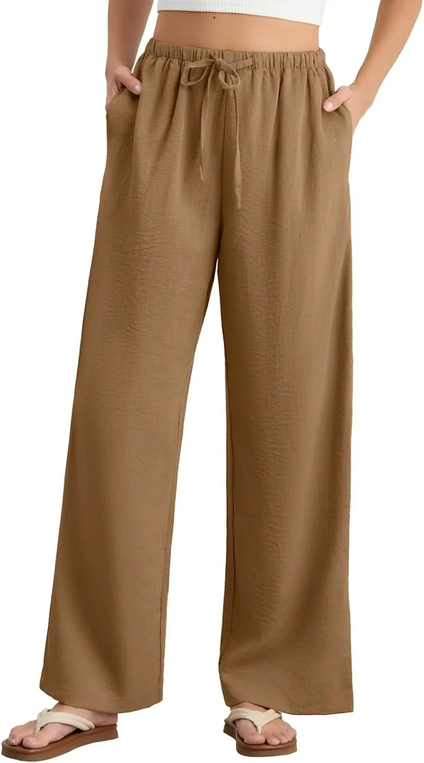 Feiersi Women's Casual Pants Drawstring Elastic Waist Pants Flowy Wide Leg Beach Trousers with Pockets