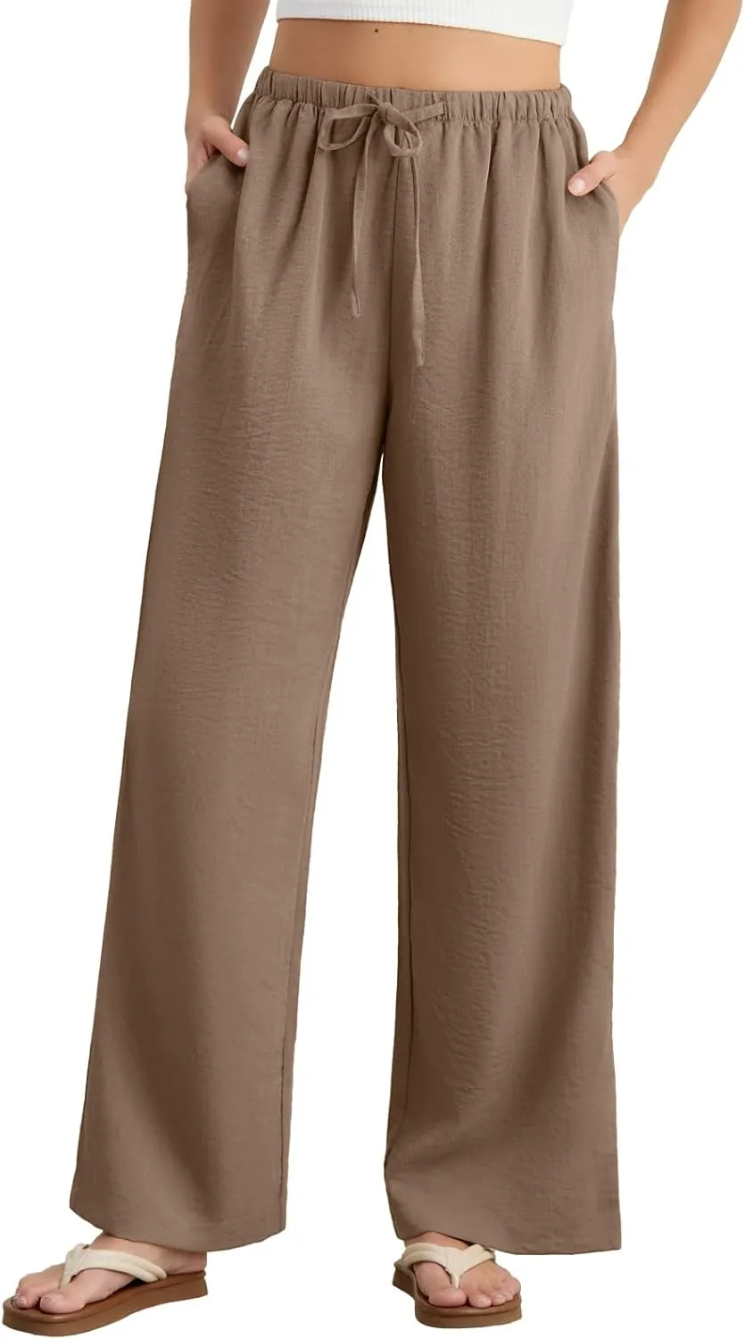 Feiersi Women's Casual Pants Drawstring Elastic Waist Pants Flowy Wide Leg Beach Trousers with Pockets