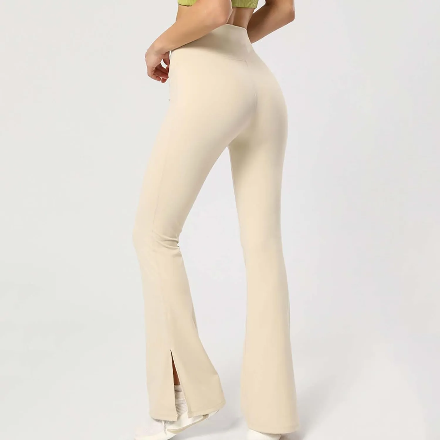 Flared Yoga Pants for Women Butt Lifting Elastic High Waisted Leggings Solid Color Side Split Sports Trousers
