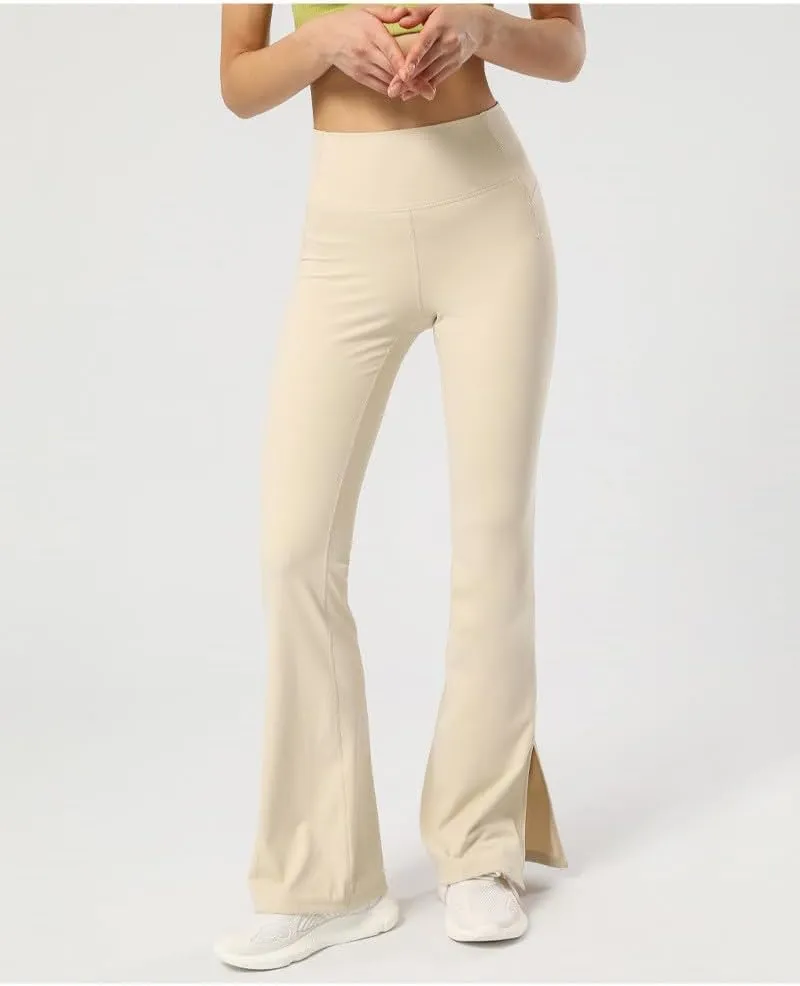 Flared Yoga Pants for Women Butt Lifting Elastic High Waisted Leggings Solid Color Side Split Sports Trousers
