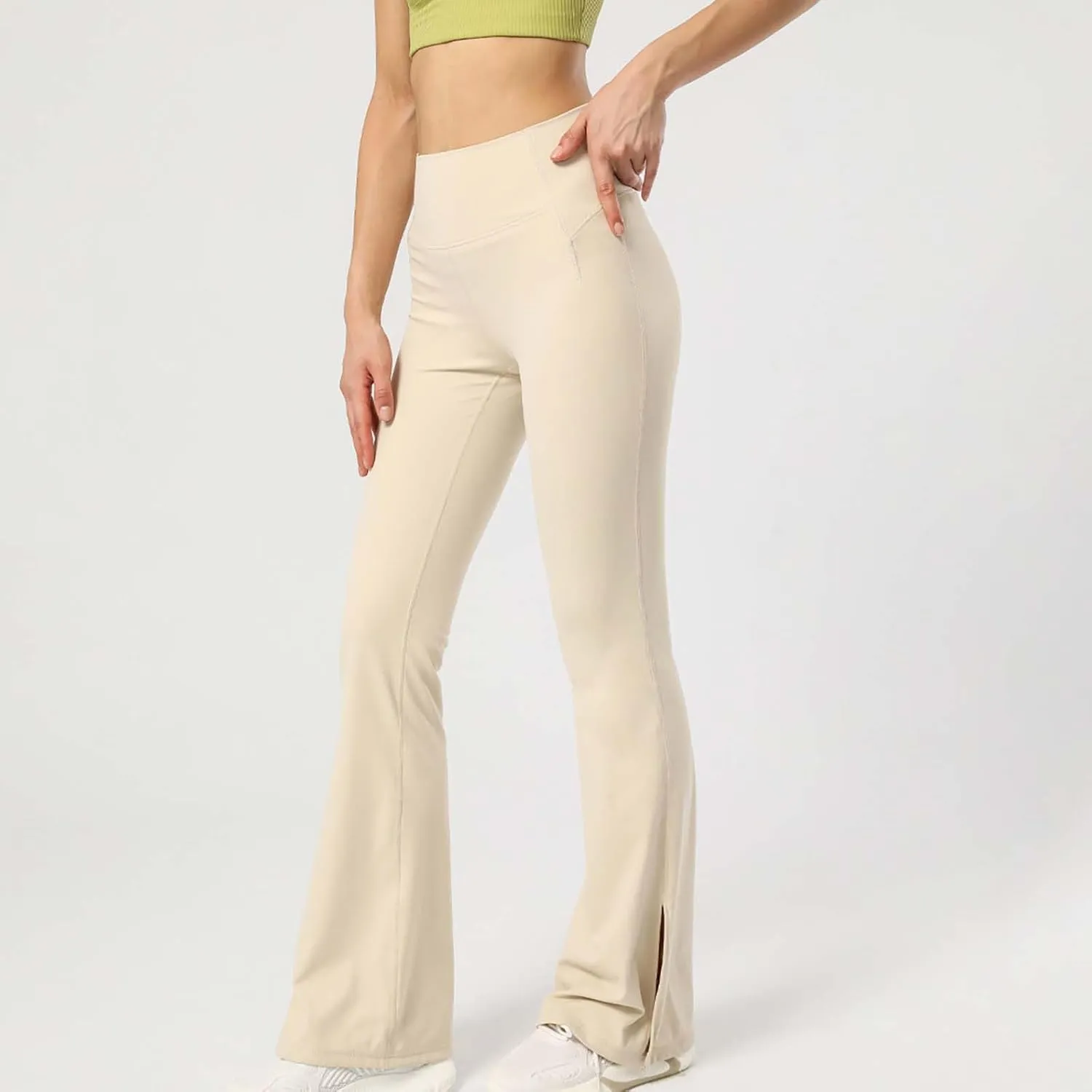 Flared Yoga Pants for Women Butt Lifting Elastic High Waisted Leggings Solid Color Side Split Sports Trousers