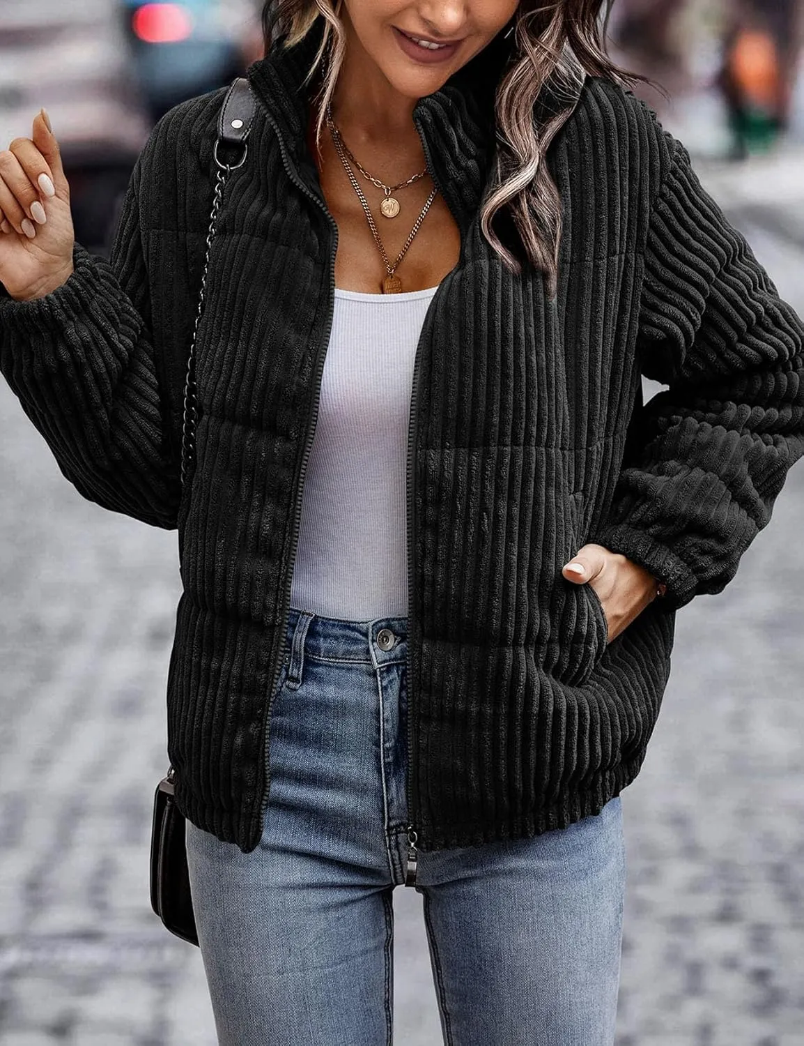 Flygo Corduroy Puffer Jacket Women Quilted Jackets Lightweight Baggy Zip Spring Fall Jackets Coats 2024