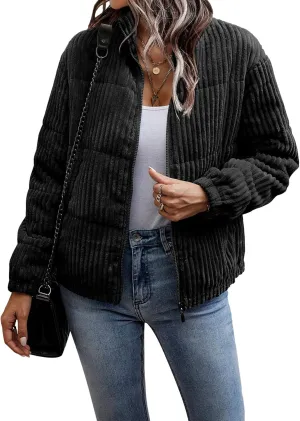 Flygo Corduroy Puffer Jacket Women Quilted Jackets Lightweight Baggy Zip Spring Fall Jackets Coats 2024
