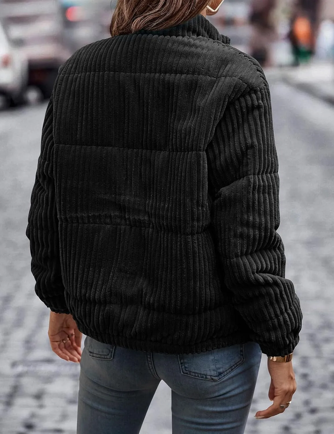 Flygo Corduroy Puffer Jacket Women Quilted Jackets Lightweight Baggy Zip Spring Fall Jackets Coats 2024