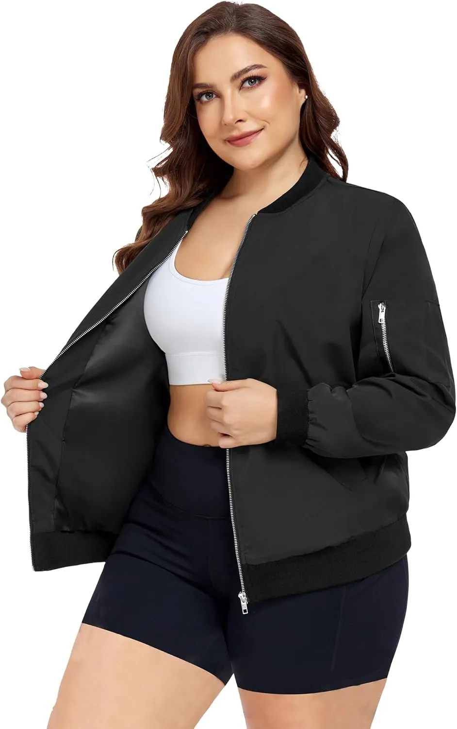 FOREYOND Plus Size Bomber Jackets for Women Zip Up Lightweight Coats Casual Windbreaker Fall Flight Jackets with Pockets