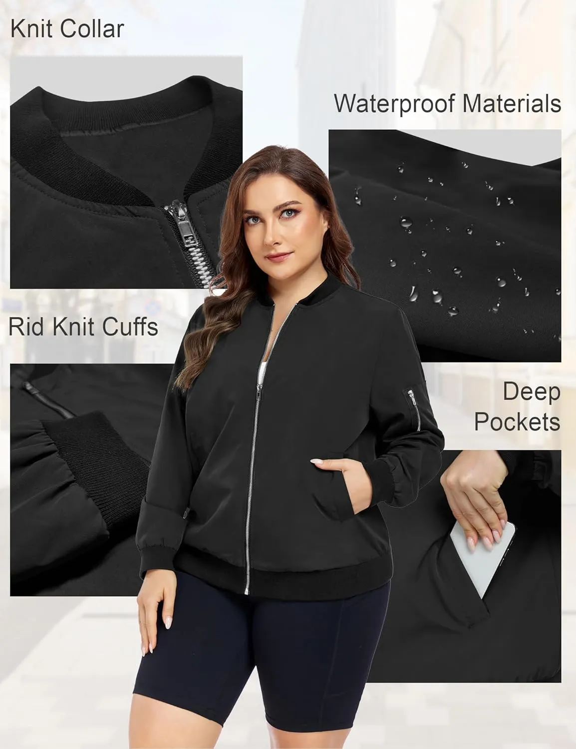 FOREYOND Plus Size Bomber Jackets for Women Zip Up Lightweight Coats Casual Windbreaker Fall Flight Jackets with Pockets