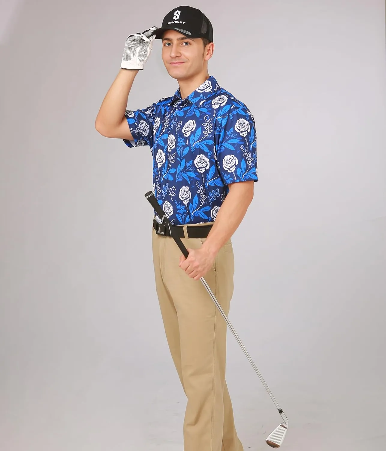 Fun Golf Shirts for Men- Mens Performance Dry-Fit Golf Polo  UPF 50  Sun Protection Funny Hawaiian Print Short Sleeve Shirt