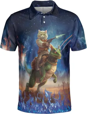 Funny Cat Polo Shirts for Men - Galaxy Cat Mens Quick Dry Short Sleeve Polo Shirts Series 27