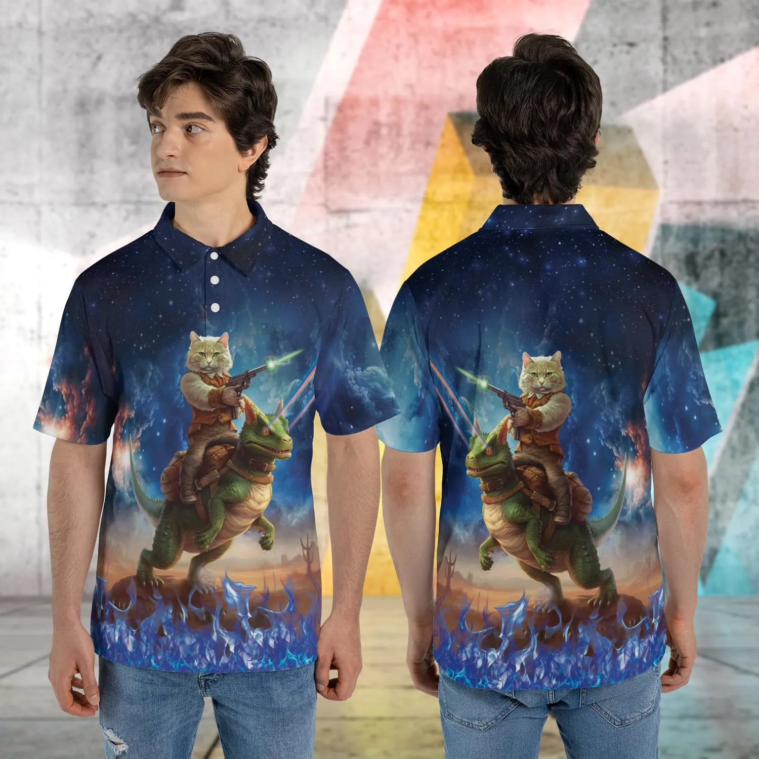 Funny Cat Polo Shirts for Men - Galaxy Cat Mens Quick Dry Short Sleeve Polo Shirts Series 27