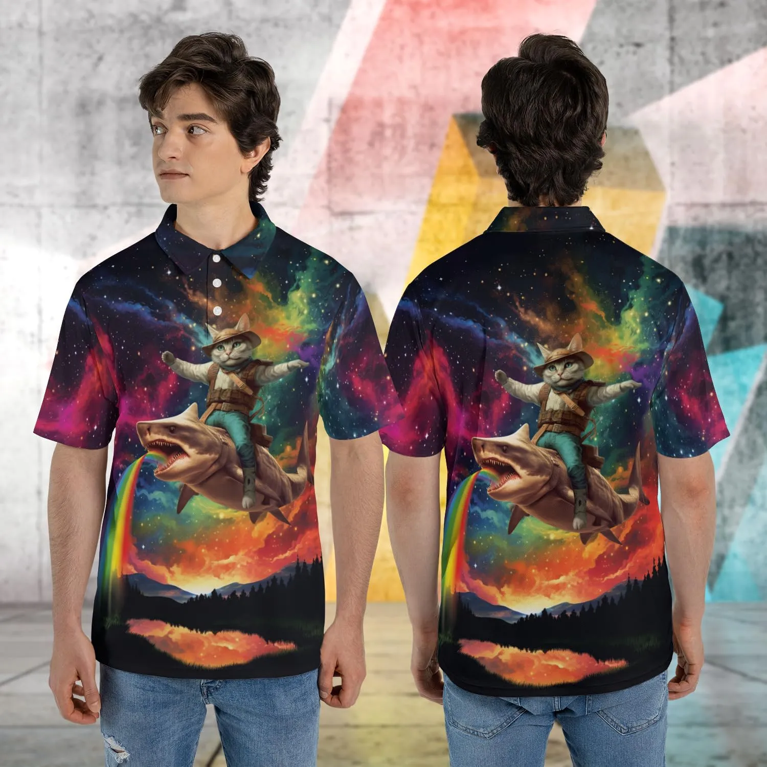 Funny Cat Polo Shirts for Men - Galaxy Cat Mens Quick Dry Short Sleeve Polo Shirts Series 27
