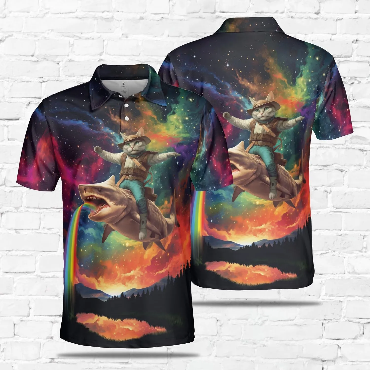 Funny Cat Polo Shirts for Men - Galaxy Cat Mens Quick Dry Short Sleeve Polo Shirts Series 27