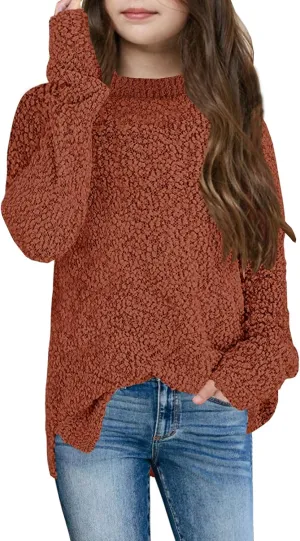 GAMISOTE Girl's Fuzzy Warm Sweater Crew Neck Chunky Side Slit Jumper Pullover Outwear