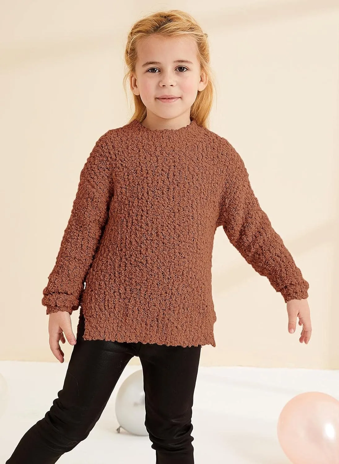 GAMISOTE Girl's Fuzzy Warm Sweater Crew Neck Chunky Side Slit Jumper Pullover Outwear